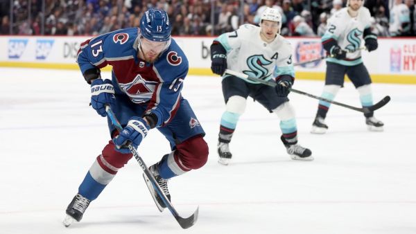 DENVER, COLORADO - APRIL 20: Valeri Nichushkin #13 of the Colorado Avalanche looks for an opening against the Seattle Kraken in the second period in Game Two of the First Round of the 2023 Stanley Cup Playoffs at Ball Arena on April 20, 2023 in Denver, Colorado. Matthew Stockman/Getty Images/AFP (Photo by MATTHEW STOCKMAN / GETTY IMAGES NORTH AMERICA / Getty Images via AFP)
