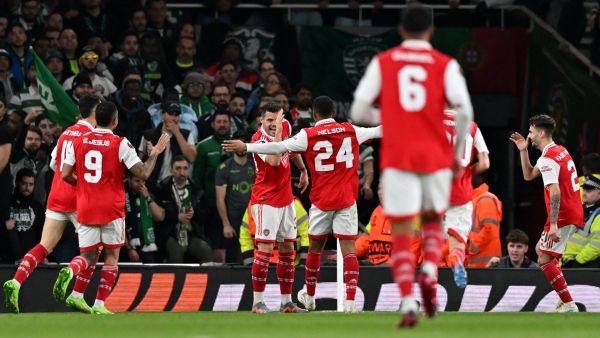 Arsenal's Swiss midfielder Granit Xhaka (C) celebrates scoring the opening goal during the UEFA Europa League round of 16, second-leg football match between Arsenal and Sporting Lisbon at the Emirates Stadium in London on March 16, 2023. (Photo by Glyn KIRK / AFP)
