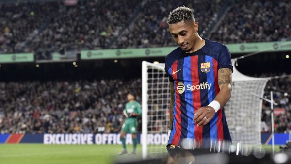 Barcelona's Brazilian forward Raphinha reacts to a missed chance during the Spanish league football match between FC Barcelona and Girona FC at the Camp Nou stadium in Barcelona on April 10, 2023. (Photo by Pau BARRENA / AFP)