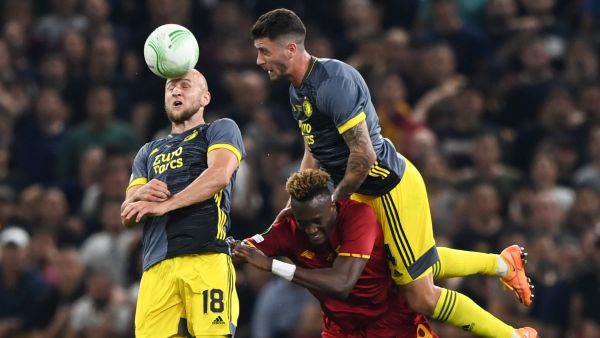 From L: Feyenoord's Austrian defender Gernot Trauner, Roma's British forward Tammy Abraham and Feyenoord's Argentinian defender Marcos Senesi vie for the ball during the UEFA Europa Conference League final football match between AS Roma and Feyenoord at the Air Albania Stadium in Tirana on May 25, 2022. (Photo by OZAN KOSE / AFP)