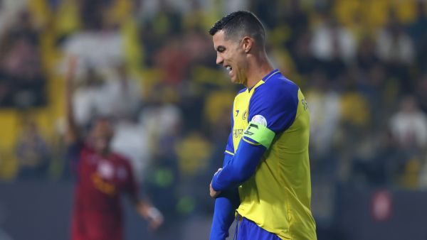 Nassr's Portuguese forward Cristiano Ronaldo reacts during the Saudi Pro League football match between Abha and al-Nassr at Mrsool Park Stadium in Riyadh on March 18, 2023. (Photo by Fayez NURELDINE / AFP)