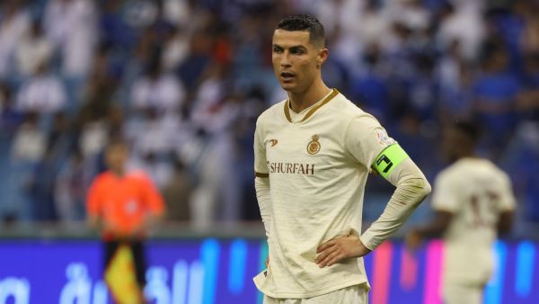 Nassr's Portuguese forward Cristiano Ronaldo looks on during the Saudi Pro League football match between Al-Hilal and Al-Nassr at the Prince Faisal Bin Fahd stadium in the capital Riyadh on April 18, 2023. (Photo by Fayez Nureldine / AFP)