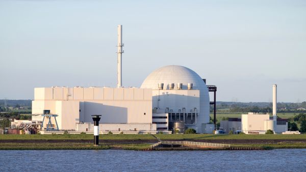 After more than 60 years using nuclear power, Germany will close down its last three active plants this weekend. June 4, 2017: Riverside view of Brokdorf Nuclear Power Plant. It started in October 1986 and the decommissioning is planned for 2021.