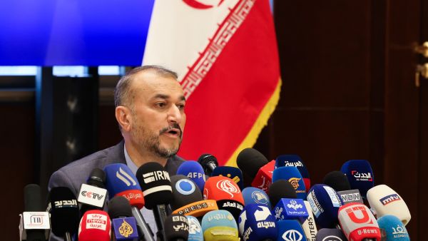 Iran's Foreign Minister Hossein Amir-Abdollahian holds a press conference at his country's embassy in Beirut, on April 28, 2023. Abdollahian called on Lebanon on April 27 to overcome political deadlock and elect a president, urging foreign governments not to interfere in the choice. (Photo by JOSEPH EID / AFP) Iraqi ambassador