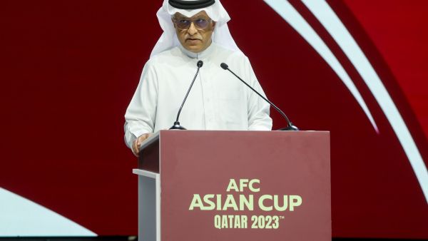 President of the Asian Football Confederation (AFC) Sheikh Salman bin Ibrahim al-Khalifa delivers a speech during the draw for the AFC Asian Cup in Doha on May 11, 2023. (Photo by KARIM JAAFAR / AFP)
