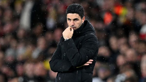 Arsenal's Spanish manager Mikel Arteta reacts during the UEFA Europa League round of 16, second-leg football match between Arsenal and Sporting Lisbon at the Emirates Stadium in London on March 16, 2023. (Photo by Glyn KIRK / AFP)