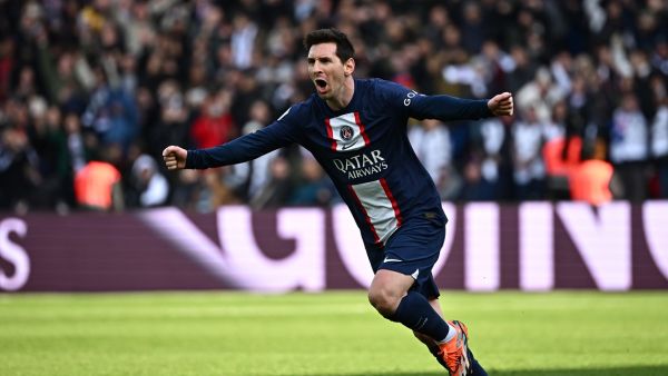 Paris Saint-Germain's Argentine forward Lionel Messi celebrates scoring his team's fourth goal during the French L1 football match between Paris Saint-Germain (PSG) and Lille LOSC at The Parc des Princes Stadium in Paris on February 19, 2023. (Photo by Anne-Christine POUJOULAT / AFP)