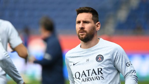 Paris Saint-Germain's Argentine forward Lionel Messi looks on as he warms up prior to the French L1 football match between Paris Saint-Germain (PSG) and FC Lorient at The Parc des Princes Stadium in Paris on April 30, 2023. (Photo by Alain JOCARD / AFP)