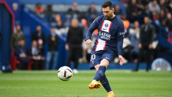 Paris Saint-Germain's Argentine forward Lionel Messi kicks the ball during the French L1 football match between Paris Saint-Germain (PSG) and FC Lorient at The Parc des Princes Stadium in Paris on April 30, 2023. (Photo by FRANCK FIFE / AFP)