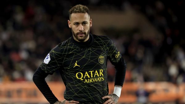 Paris Saint-Germain's Brazilian forward Neymar reacts during the French L1 football match between Monaco and Paris Saint-Germain (PSG) at the Louis II stadium in Monaco on February 11, 2023. (Photo by Valery HACHE / AFP)