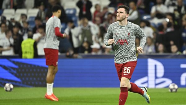 Liverpool's Scottish defender Andrew Robertson warms up ahead of the UEFA Champions League last 16 second leg football match between Real Madrid CF and Liverpool FC at the Santiago Bernabeu stadium in Madrid on March 15, 2023. (Photo by JAVIER SORIANO / AFP)