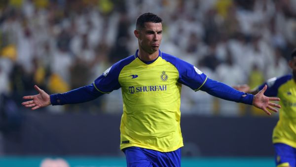 Nassr's Portuguese forward Cristiano Ronaldo reacts after scoring during the Saudi Pro League football match between Al-Nassr and Al-Shabab at the al-Awwal Park Stadium in Riyadh on May 23, 2023. (Photo by Fayez NURELDINE / AFP)