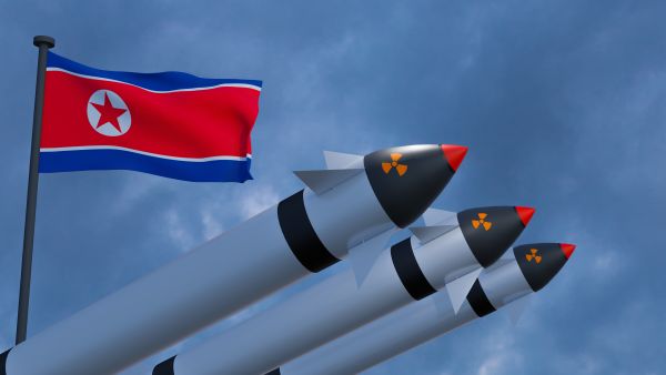 North Korean flag and missiles