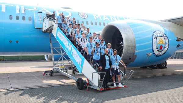Winners of the Treble: Manchester City bring home their third trophy, topping off an epic season Treble Winners Manchester City Fly Home On Etihad Airways’ City Branded Livery