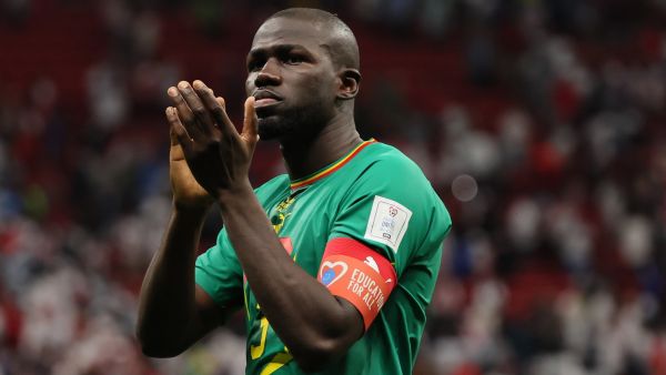 Senegal's defender #03 Kalidou Koulibaly applauds at the crowd after losing to England 3-0 in the Qatar 2022 World Cup round of 16 football match between England and Senegal at the Al-Bayt Stadium in Al Khor, north of Doha on December 4, 2022. (Photo by JACK GUEZ / AFP)