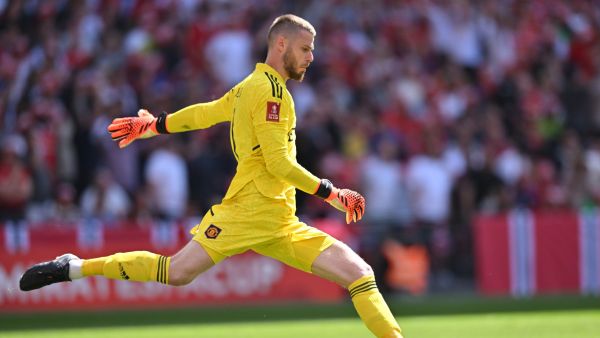 Manchester United's Spanish goalkeeper David de Gea takes a kick during the English FA Cup final football match between Manchester City and Manchester United at Wembley stadium, in London, on June 3, 2023. (Photo by Glyn KIRK / AFP) 