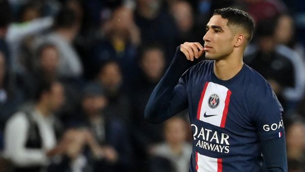 Paris Saint-Germain's Moroccan defender Achraf Hakimi reacts after scoring his teams second goal during the French L1 football match between Paris Saint-Germain (PSG) and Ajaccio at the Parc des Princes in Paris on May 13, 2023. (Photo by FRANCK FIFE / AFP)