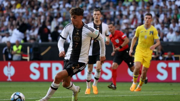 Germany's midfielder Kai Havertz plays the ball during the International Friendly football match between Germany and Ukraine, in Bremen, northern Germany on June 12, 2023. (Photo by Focke Strangmann / AFP)