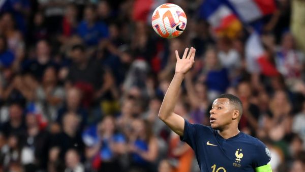 France's forward Kylian Mbappe reacts at the end of the UEFA Euro 2024 group B qualification football match between France and Greece at the Stade de France in Saint-Denis, in the northern outskirts of Paris, on June 19, 2023. (Photo by FRANCK FIFE / AFP)