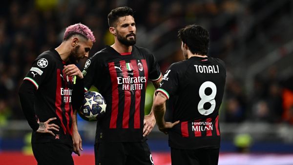 (From L) AC Milan's French defender Theo Hernandez, AC Milan's French forward Olivier Giroud and AC Milan's Italian midfielder Sandro Tonali react during the UEFA Champions League semi-final first leg football match between AC Milan and Inter Milan, on May 10, 2023 at the San Siro stadium in Milan. (Photo by GABRIEL BOUYS / AFP)