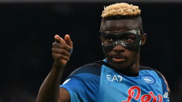 Napoli's Nigerian forward Victor Osimhen celebrates after opening the scoring during the Italian Serie A football match between Napoli and Sampdoria on June 4, 2023 at the Diego-Maradona stadium in Naples. (Photo by Tiziana FABI / AFP)