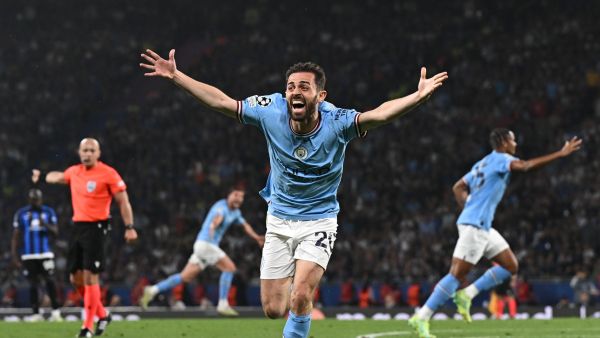 Manchester City's Portuguese midfielder #20 Bernardo Silva celebrates the opening goal during the UEFA Champions League final football match between Inter Milan and Manchester City at the Ataturk Olympic Stadium in Istanbul, on June 10, 2023. (Photo by Paul ELLIS / AFP)