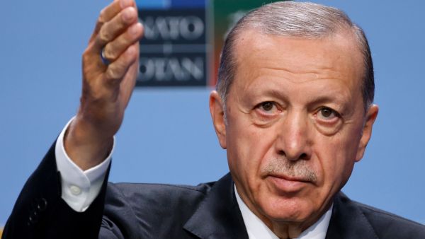 Turkey's President Recep Tayyip Erdogan gives a press conference during the NATO Summit in Vilnius on July 12, 2023. (Photo by Ludovic MARIN / AFP) Erdogan