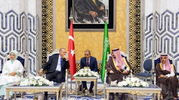 Turkish President Recep Tayyip Erdogan (2nd-L) and his wife Emine Erdogan (L) being received by the Deputy Governor of Mecca Prince Badr bin Sultan bin Abdulaziz (2nd-R) and Saudi Foreign Minister Faisal bin Farhan (R) upon their arrival in Jeddah on July 27, 2023. (Photo by SPA / AFP) Erdogan and Badr bin Sultan bin Abdulaziz