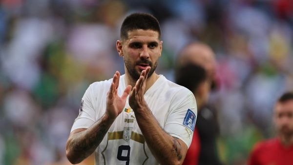 Serbia's forward #09 Aleksandar Mitrovic reacts at the end of the Qatar 2022 World Cup Group G football match between Cameroon and Serbia at the Al-Janoub Stadium in Al-Wakrah, south of Doha on November 28, 2022. (Photo by Adrian DENNIS / AFP)