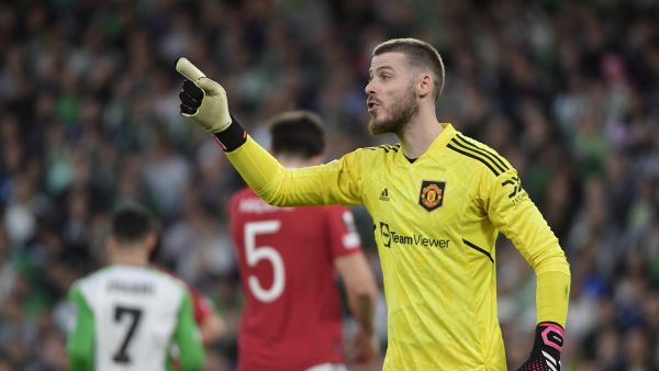 Manchester United's Spanish goalkeeper David de Gea gestures during the UEFA Europa League last 16 second leg football match between Real Betis and Manchester United at the Benito Villamarin stadium in Seville on March 16, 2023. (Photo by CRISTINA QUICLER / AFP)