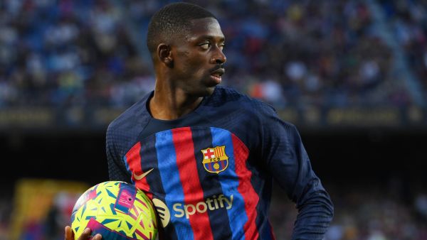 Barcelona's French forward Ousmane Dembele takes the ball during the Spanish league football match between FC Barcelona and CA Osasuna at the Camp Nou stadium in Barcelona on May 2, 2023. (Photo by LLUIS GENE / AFP)