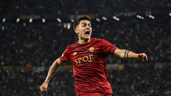 AS Roma's Argentinian forward Paulo Dybala celebrates scoring the opening goal during the UEFA Europa League final football match between Sevilla FC and AS Roma at the Puskas Arena in Budapest, Hungary on May 31, 2023. (Photo by Attila KISBENEDEK / AFP)