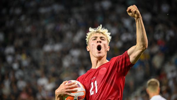 Denmark's forward Rasmus Hojlund celebrates after scoring a goal during Group H Euro 2024 Qualifying match between Slovenia and Denmark at the Stozice Stadium in Ljubljana, Slovenia on June 19, 2023. (Photo by Jure Makovec / AFP)