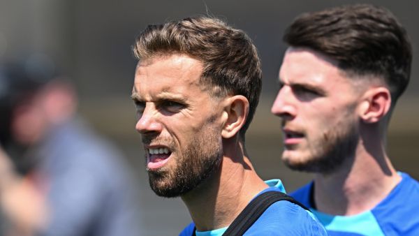 England's midfielder Jordan Henderson reacts as he attends an England training session at St George’s Park in Burton-Upon-Trent, on June 13, 2023 ahead of of their UEFA Euro 2024 Group C qualifiers match against Malta. (Photo by Paul ELLIS / AFP)