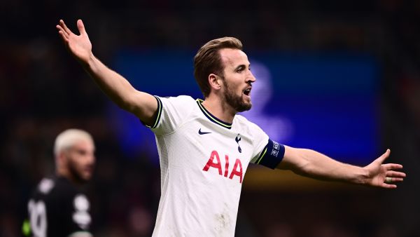 Tottenham Hotspur's English striker Harry Kane reacts during the UEFA Champions League round of 16, first leg football match between AC Milan and Tottenham Hotspur on February 14, 2023 at the San Siro stadium in Milan. (Photo by Marco BERTORELLO / AFP)