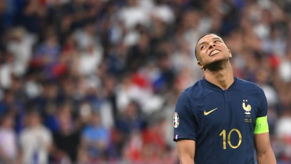 France's forward Kylian Mbappe reacts during the UEFA Euro 2024 group B qualification football match between France and Greece at the Stade de France in Saint-Denis, in the northern outskirts of Paris, on June 19, 2023. (Photo by FRANCK FIFE / AFP)
