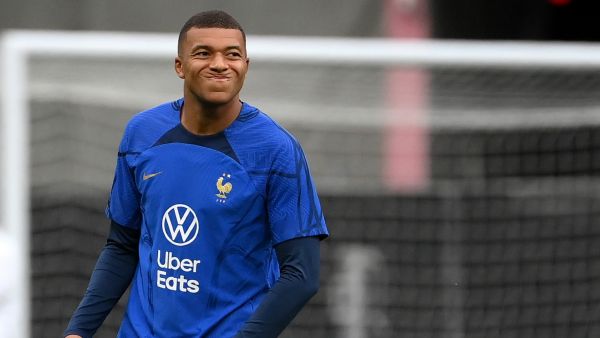 France's forward Kylian Mbappe reacts during a training session at the Stade de France in Saint-Denis, north of Paris on June 18, 2023, on the eve of the UEFA Euro 2024 football tournament qualifying match against Greece. (Photo by FRANCK FIFE / AFP)
