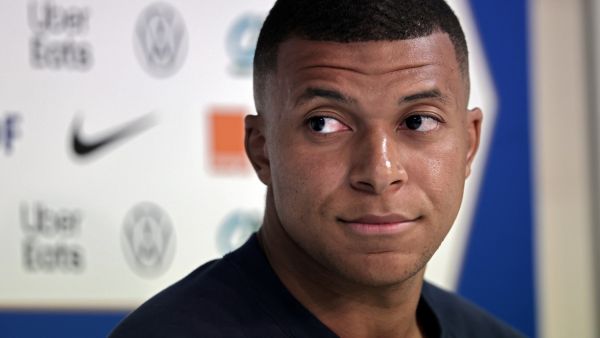 France's forward Kylian Mbappe looks on during a press conference at the Algarve stadium, in Faro on June 15, 2023, on the eve of their UEFA Euro 2024 group B qualification football match against Gibraltar. (Photo by Thomas COEX / AFP)