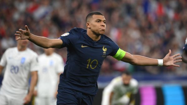 France's forward Kylian Mbappe reacts after scoring the team's first goal during the UEFA Euro 2024 group B qualification football match between France and Greece at the Stade de France in Saint-Denis, in the northern outskirts of Paris, on June 19, 2023. (Photo by FRANCK FIFE / AFP)