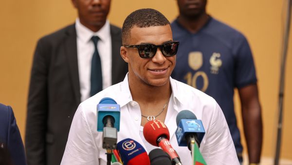 Paris Saint-Germain and France national football team star striker Kylian Mbappe speaks during a press conference in Yaounde on July 7, 2023 during a charity visit and a tour of his father's village. (Photo by Daniel BELOUMOU OLOMO / AFP)