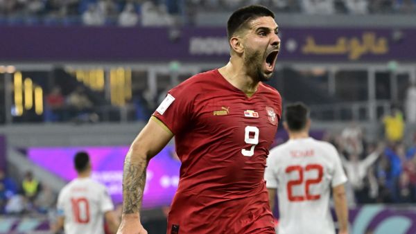 Serbia's forward #09 Aleksandar Mitrovic celebrates scoring his team's first goal during the Qatar 2022 World Cup Group G football match between Serbia and Switzerland at Stadium 974 in Doha on December 2, 2022. (Photo by JAVIER SORIANO / AFP)