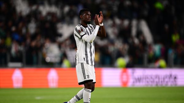 Juventus' French midfielder Paul Pogba acknowledges the public at the end of the UEFA Europa League semi-final first leg football match between Juventus and Sevilla on May 11, 2023 at the Juventus stadium in Turin. (Photo by Marco BERTORELLO / AFP)