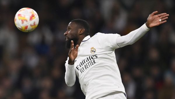 Real Madrid's German defender Antonio Rudiger heads the ball during the Copa del Rey (King's Cup) semi final first leg football match between Real Madrid CF and FC Barcelona at the Santiago Bernabeu stadium in Madrid on March 2, 2023. (Photo by OSCAR DEL POZO / AFP)