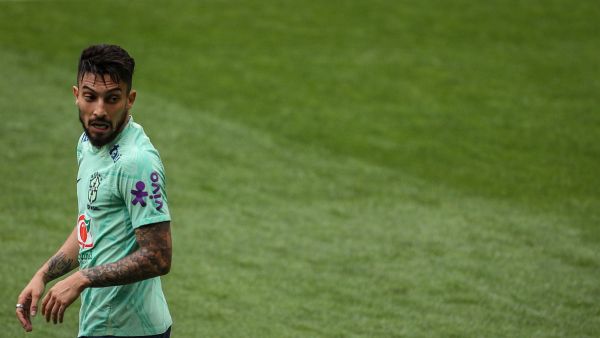 Brazil's defender Alex Telles attends a training session on the eve of their international friendly football match against Senegal at the Jose Alvalade stadium in Lisbon on June 19, 2023. (Photo by CARLOS COSTA / AFP)