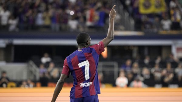 Ousmane Dembélé #7 of FC Barcelona gestures on the field after scoring a goal during the first half of the pre-season friendly match against Real Madrid at AT&T Stadium on July 29, 2023 in Arlington, Texas. Sam Hodde/Getty Images/AFP (Photo by Sam Hodde / GETTY IMAGES NORTH AMERICA / Getty Images via AFP)