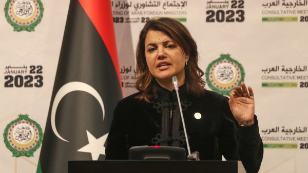 Libyan former Foreign Affairs Minister Najla El Mangoush holds a press conference at the end of the Arab foreign ministers meeting in the capital Tripoli, on January 22, 2023. (Photo by Mahmud Turkia / AFP) Libyan former Foreign Affairs Minister Najla El Mangoush