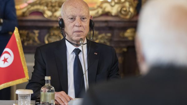 Italy's President Sergio Mattarella (R) and his Tunisian counterpart Kais Saied during their meeting at the Quirinale presidential palace in Rome. (Photo by Handout / Quirinale Press Office / AFP) Kais Saied
