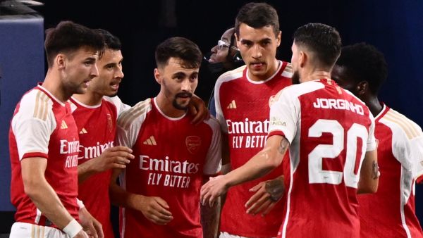 Arsenal's Portuguese midfielder Fabio Vieira (3L) celebrates scoring his team's fifth goal during a pre-season friendly football match between Arsenal FC and FC Barcelona at SoFi Stadium in Inglewood, California, on July 26, 2023. (Photo by Patrick T. Fallon / AFP)