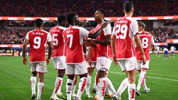 Arsenal's English midfielder Bukayo Saka celebrates scoring his team's first goal during a pre-season friendly football match between Arsenal FC and FC Barcelona at SoFi Stadium in Inglewood, California, on July 26, 2023. (Photo by Patrick T. Fallon / AFP)