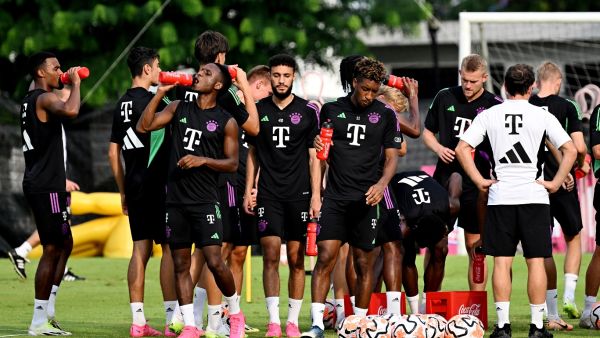 Bayern Munich's players attend a training session during the Singapore Festival of Football in Singapore on August 1, 2023. (Photo by Mohd RASFAN / AFP)